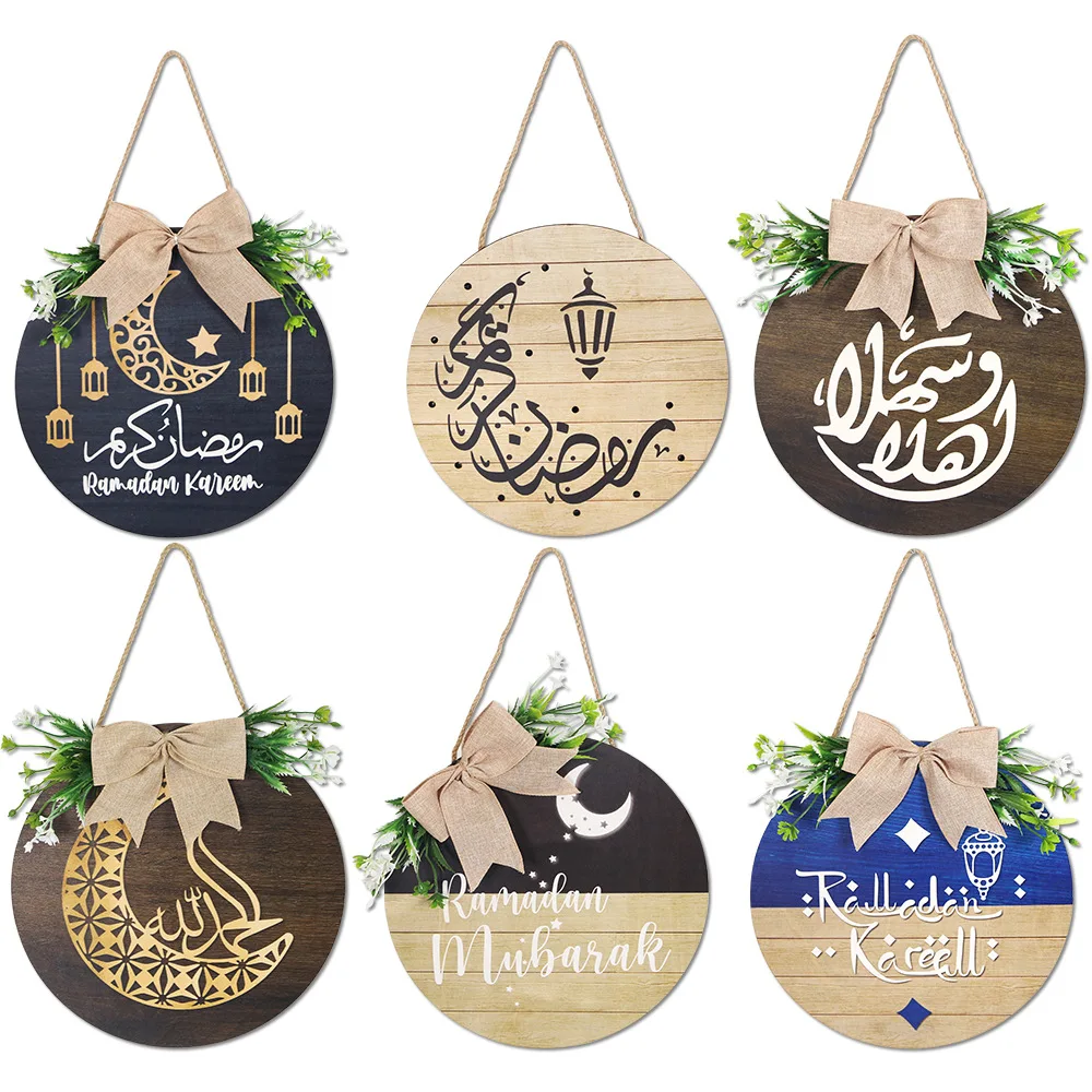 

Round Ramadan Door Sign Ramadan Kareem Wooden Hanging Decorations for Ramadan Kareem Decor Eid Mubarak Islamic Party Supplies