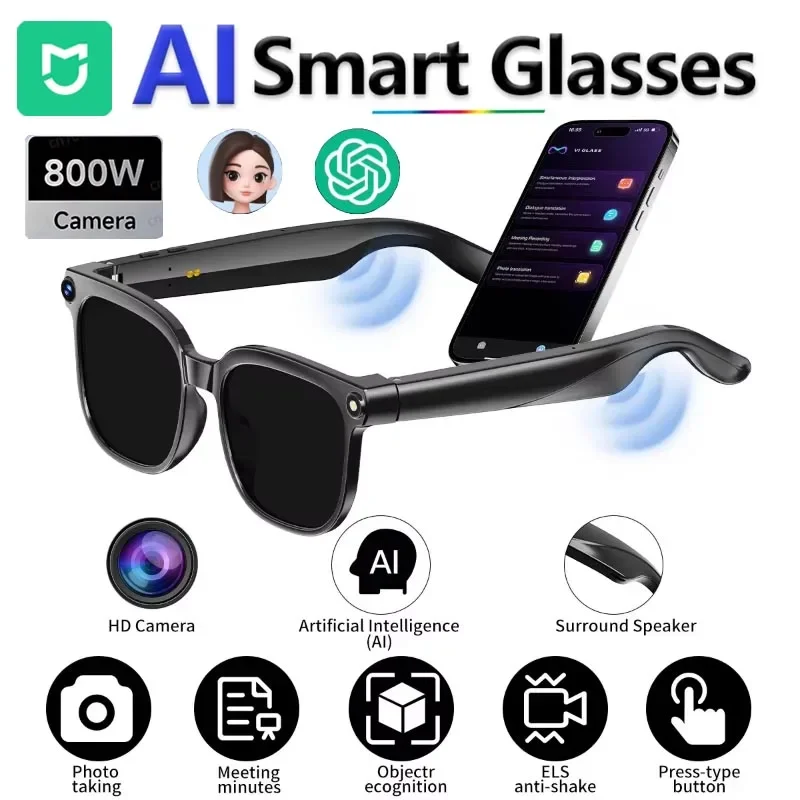 2026 Smart Glasses 800W HD Cam Simultaneous Interpretation Bluetooth Call AI Smart Glasses Listen To Music Navigation Play Game