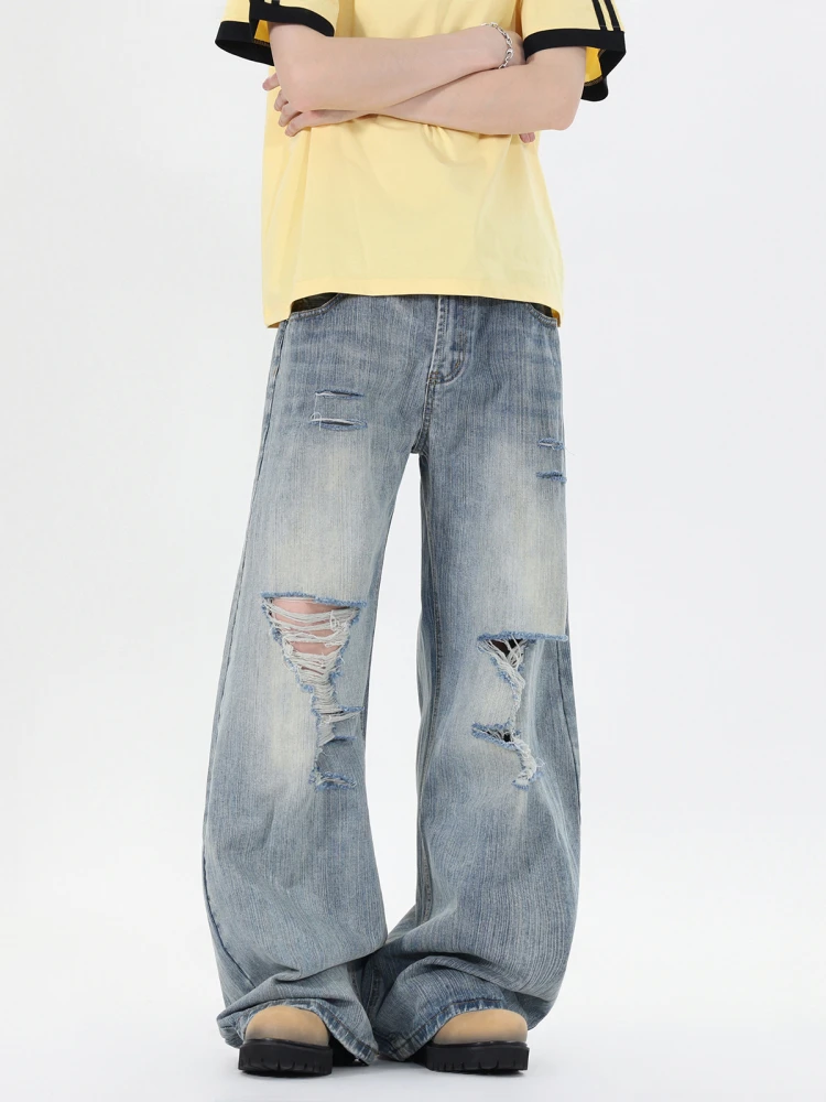 

Retro Bamboo Node Vintage Ripped Denim Jeans Men's Trendy Cleanfit Straight Leg Wide Leg Blue Knife Long Pants
