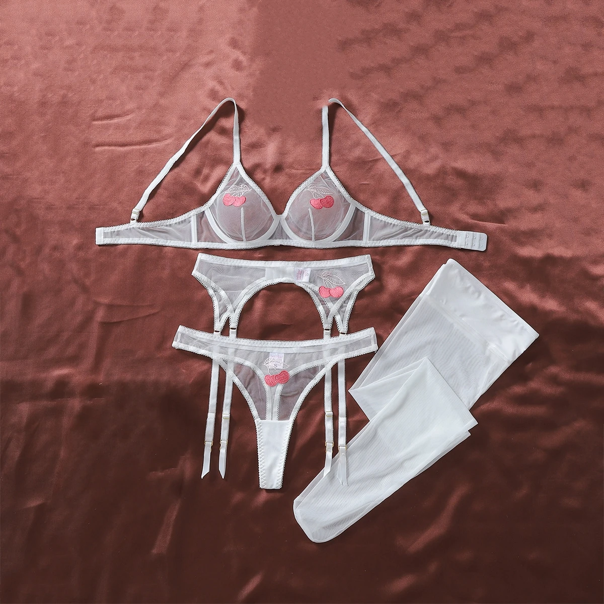

Cherry Embroidery Splicing Perspective Womens Lingerie Set Summer Ultra-Thin Comfortable Mesh Shaping Sexy Underwear Split Set