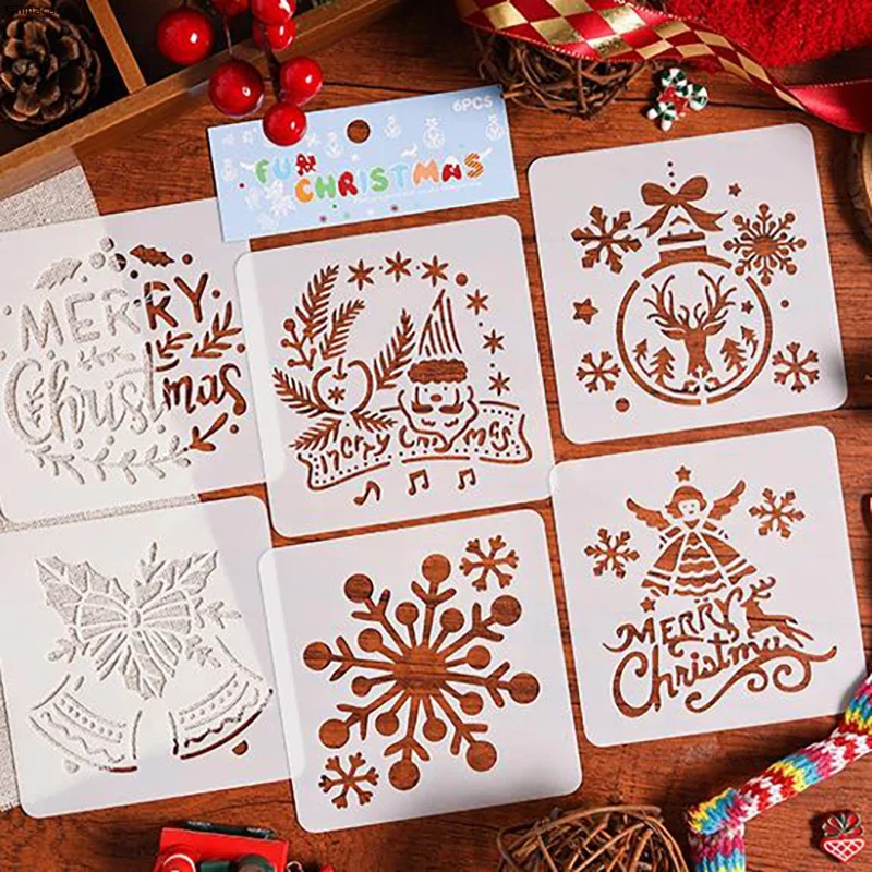 6Pcs Christmas Decorative Pattern Hollow Spray/hand Painting DIY Scratch Painting Template Journal Painting Drawing Tool