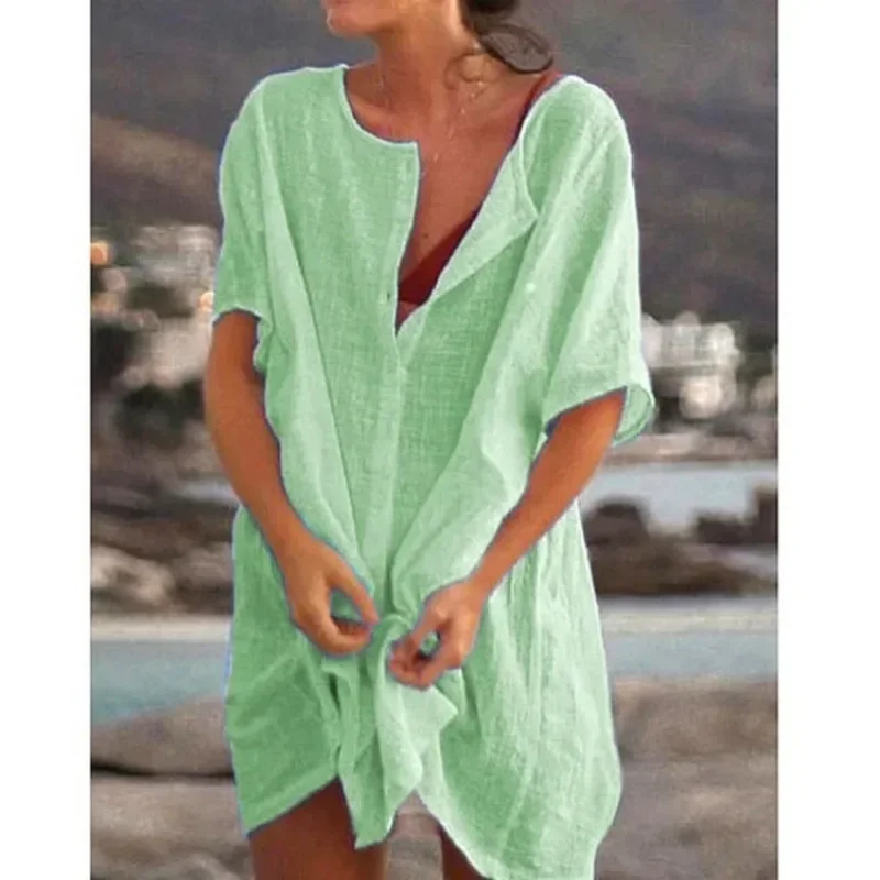 Women\'s Long Short-sleeved Shirt Solid Color Summer Seaside Holiday Beach Bikini Swimsuit Cover-up Casual Loose Button T-shirt