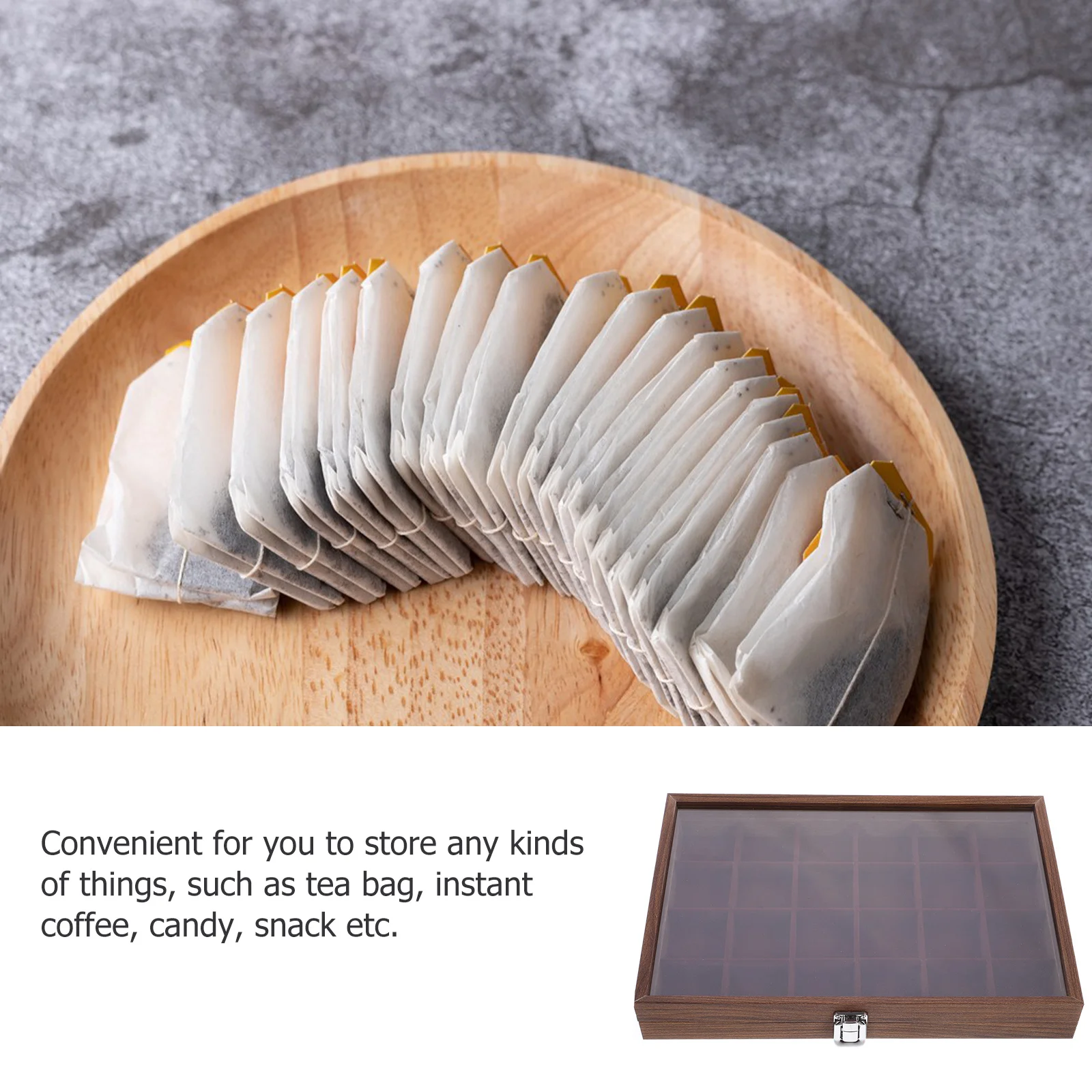 

24 Compartment Tea Bag Organizer Box Clear Glass with Wooden Frame Rustproof Steel Lid Pantry Desktop Storage for Tea Coffee
