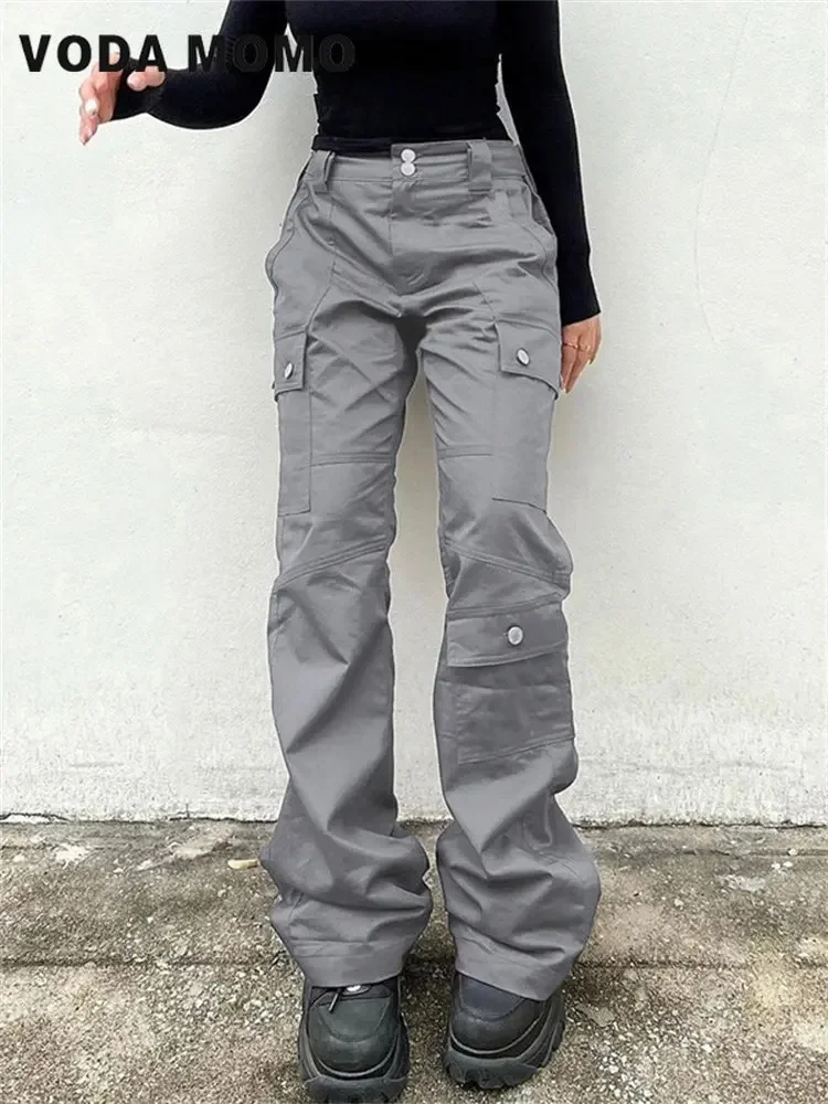 

Korean stytle Fashion Straight Punk Denim Trousers Casual Stitched Pocket Cargo Pants Women Low Waist Vintage Streetwear Jeans