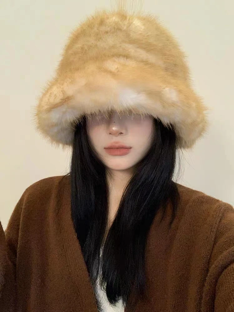 Winter Warm Big Fur Bucket Hat Women Outdoor Hat Soft Plush Bucket Hat Korean Fashion Chic Ladies Casual Hat 2023