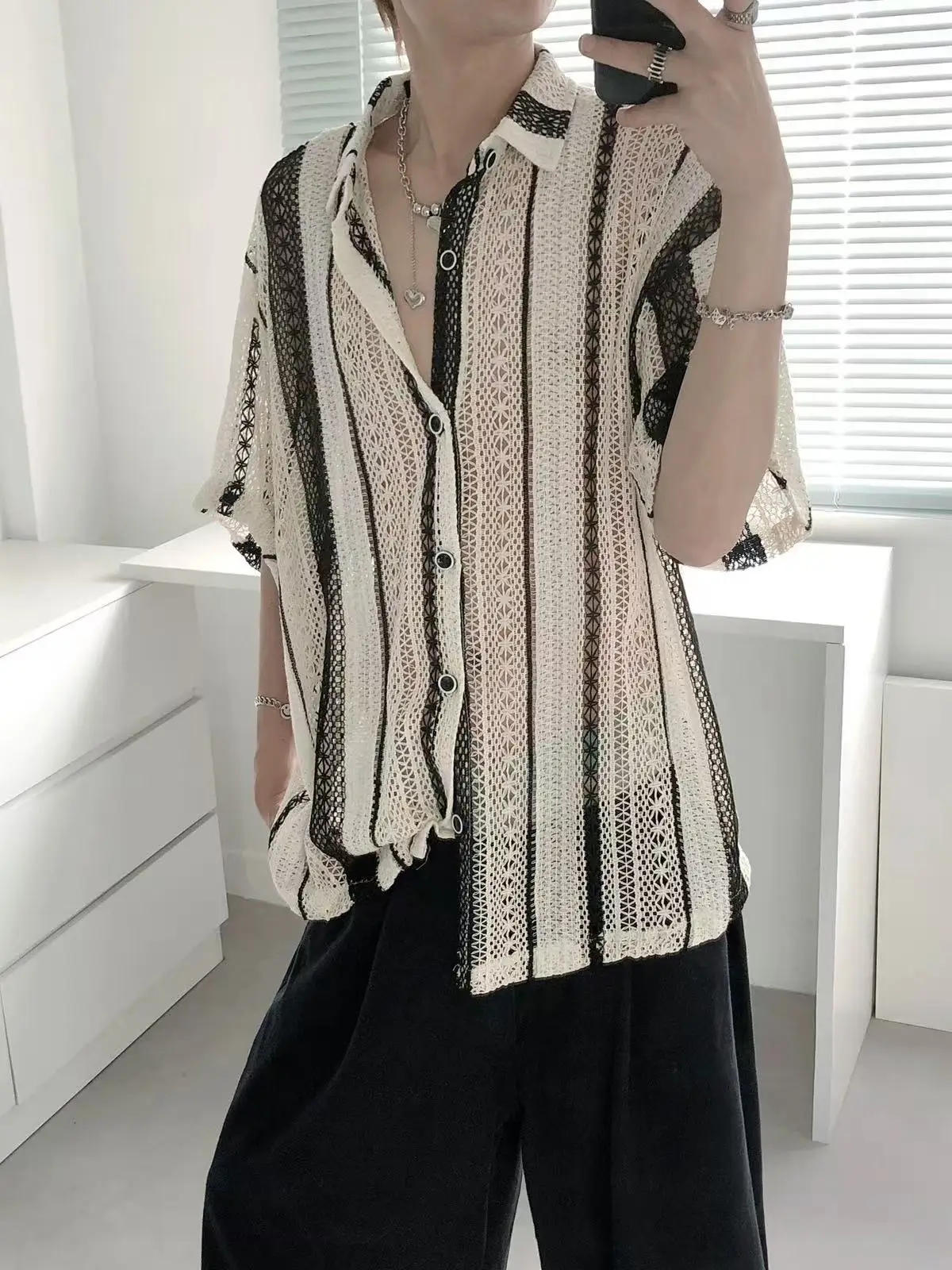 2026 Summer New American Hollow Short Sleeved Shirt for Men Korean Fashion Retro Casual Loose Men's Shirt Japan Streetwear Y2k