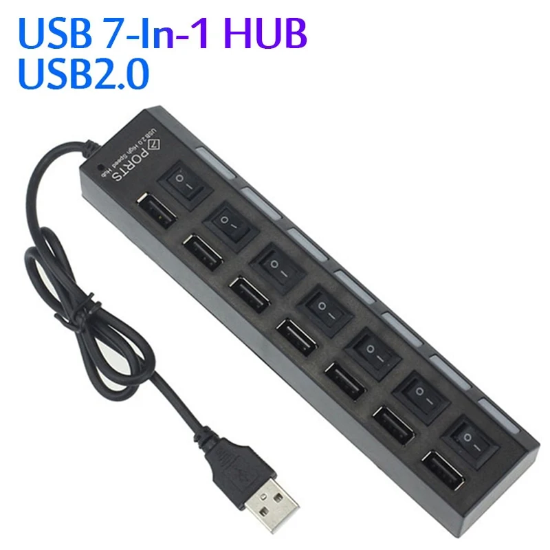 USB 2.0 Hub USB Hub 2.0 Multi USB Splitter Hub Use Power Adapter 7 Port Multiple Expander USB Hub with Switch for Mac PC Laptops