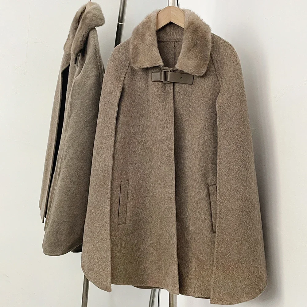 OFTBUY Neue Winter-Kaschmirkleidung Damen-Oberbekleidung Cape-Mantel Wollmantel Echter Nerzpelzkragen Schnallenverschluss Vorne Mittellange Wolljacke – Detail 7