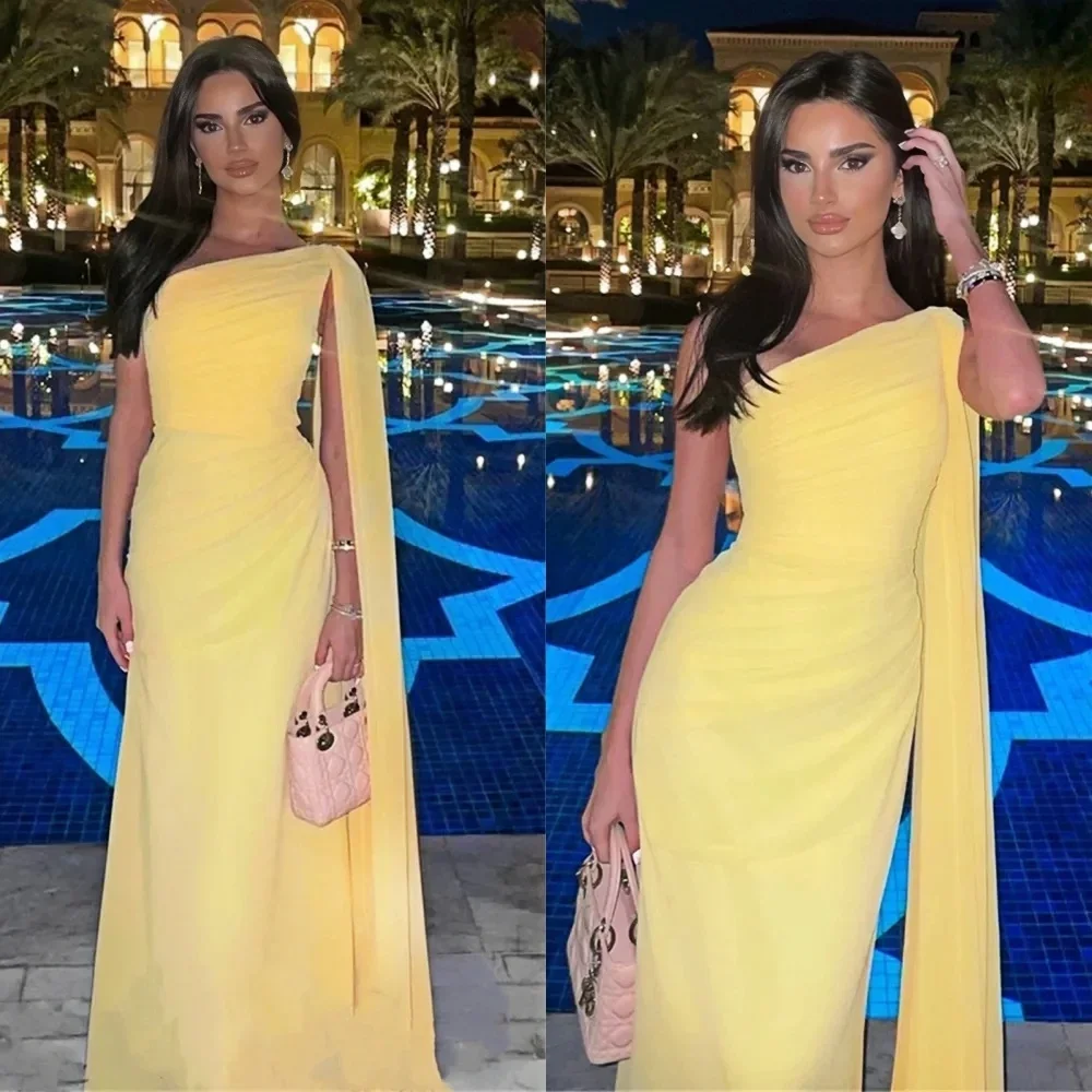 Abito da ballo giallo Jersey unisex Retro monospalla lungo abito da occasione su misura Abiti da sera Dubai Arabia Saudita personalizzato