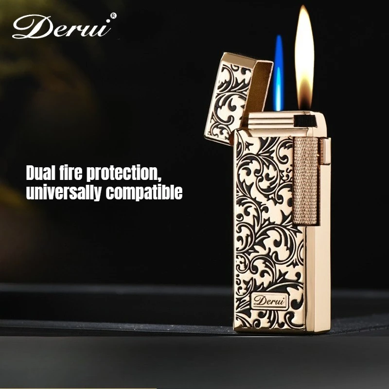 Derui Narrow Side Sliding Creative Double Flame Lighter, Black Gold Engraved Design, High-end Men's Gift