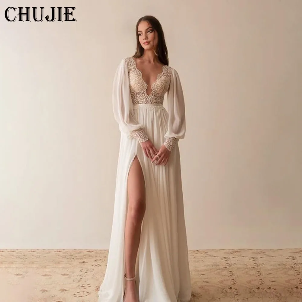 

Long Sleeves Wedding Dresses Woman Sexy Slit Bridal Gowns Applique Customized Bride Dress A Line Pleated V Neck Vestido de novia