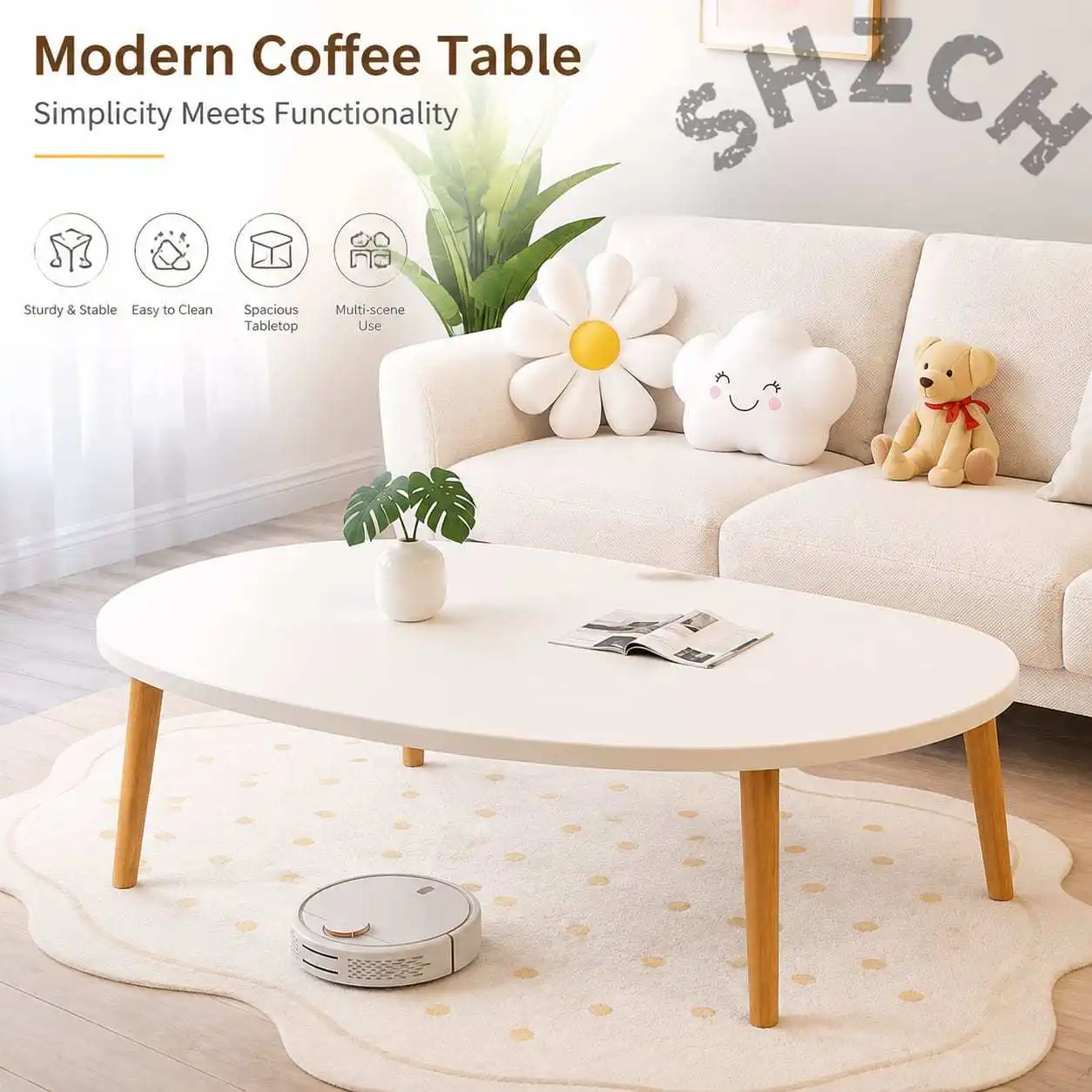 Mango-Shaped Oval Coffee Table – 70x40cm Wooden Accent Table for Living Room, Easy Assembly