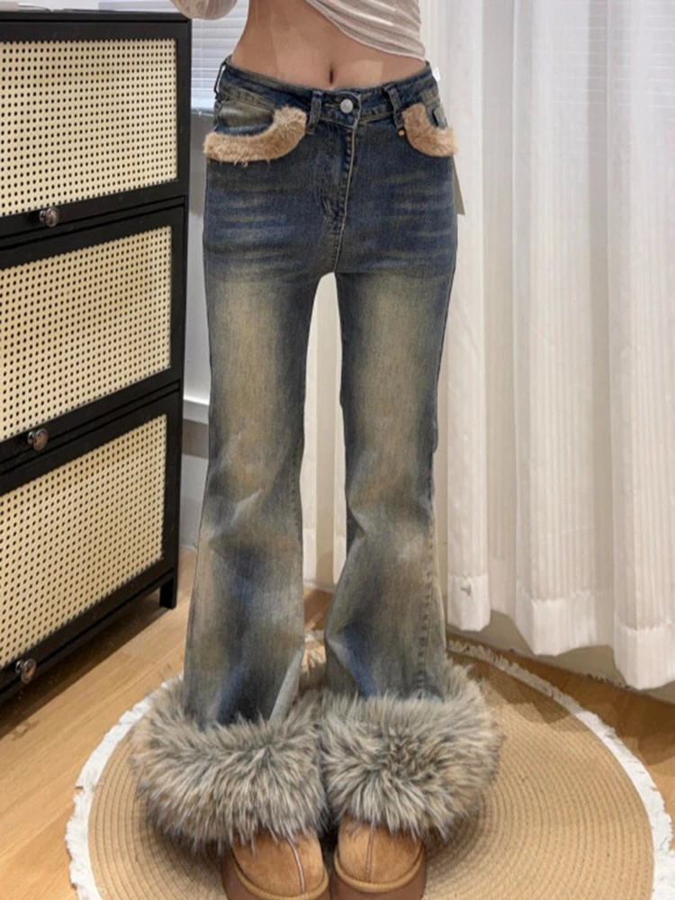 

Винтажные лоскутные джинсы для женщин, зимние новые уличные пряные девушки с низкой талией, модные персонализированные джинсы