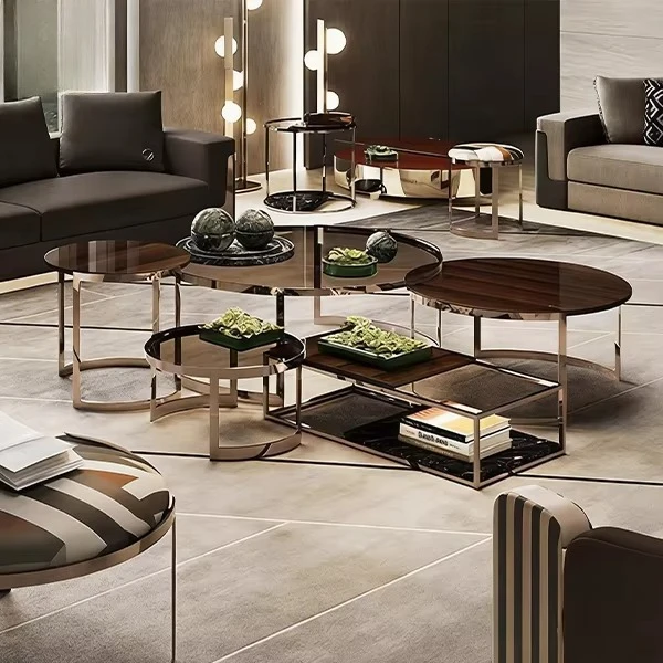 Hotel Villa Apartment Penthouse Minimalist Handmade Eco-Friendly Circular Metal Glass Accent Side Coffee Table Set