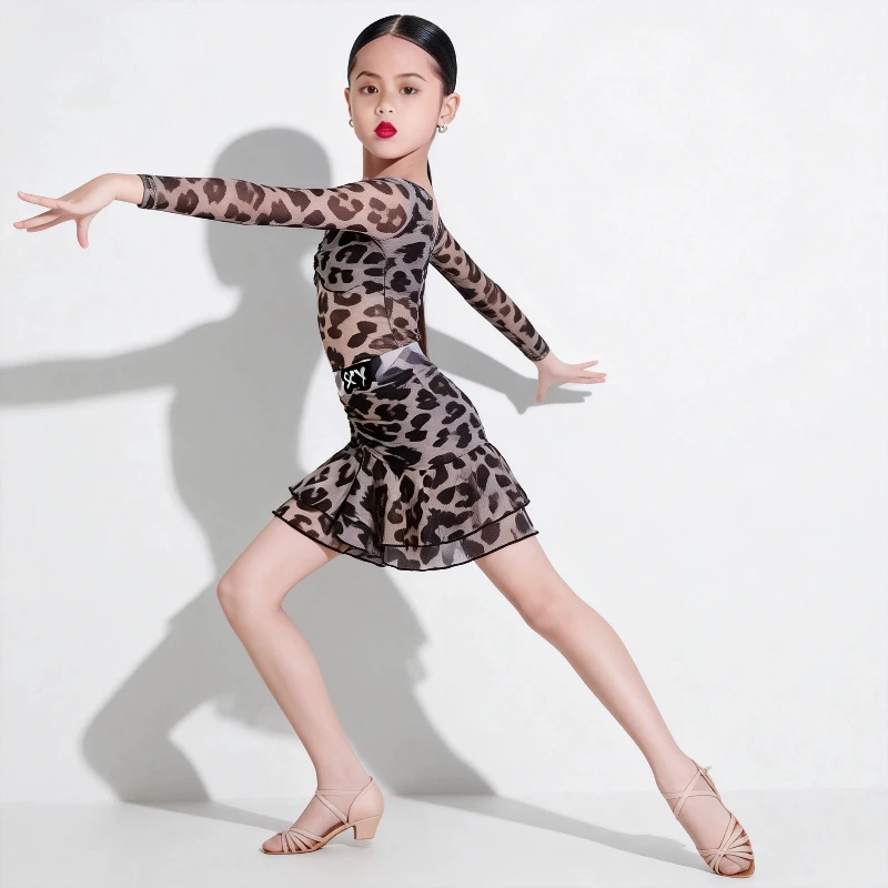 

Новый детский комплект для латиноамериканских танцев весна-осень 2025, профессиональный танцевальный костюм для девочек с леопардовым принтом, премиум-класса