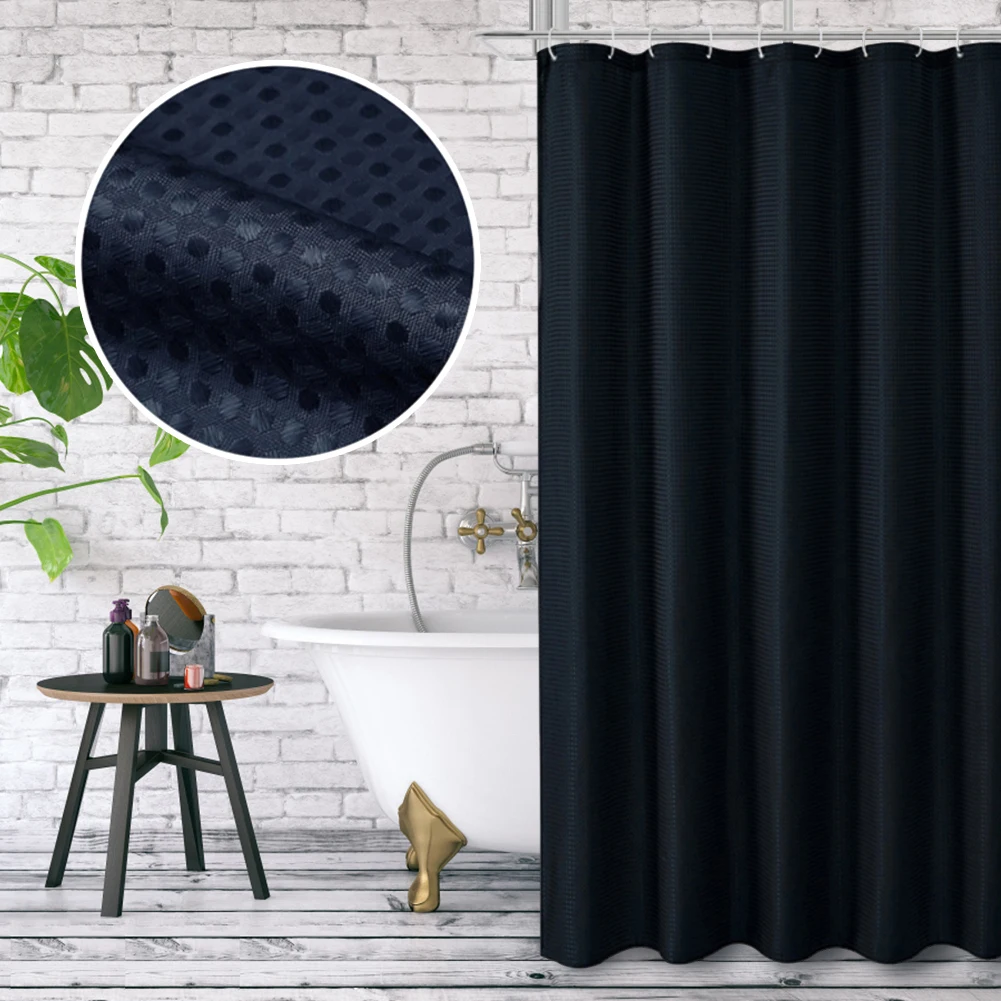 

1pcs 180cm*180cm Plain Waffle Waterproof Mildew Resistant Polyester Shower Curtain Bathroom Partition Curtain With 12 Hooks