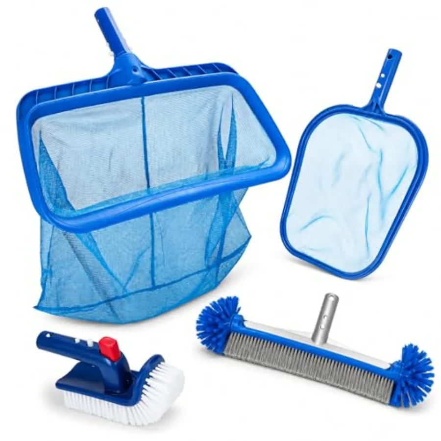 Pool Cleaning Kit Profional Heavy Duty Leaf Skimmer Net, Deep Bag Rake and Wall Scrubber Brush, 4-Piece Pool Cleaning Equipment