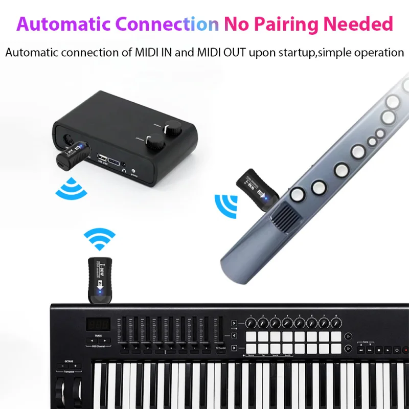 Wireless MIDI Adapter Rechargeable Audio Transmitter Receiver 2.4GHz Ultra-Low Latency Built-in Silent Portable MIDI Connector