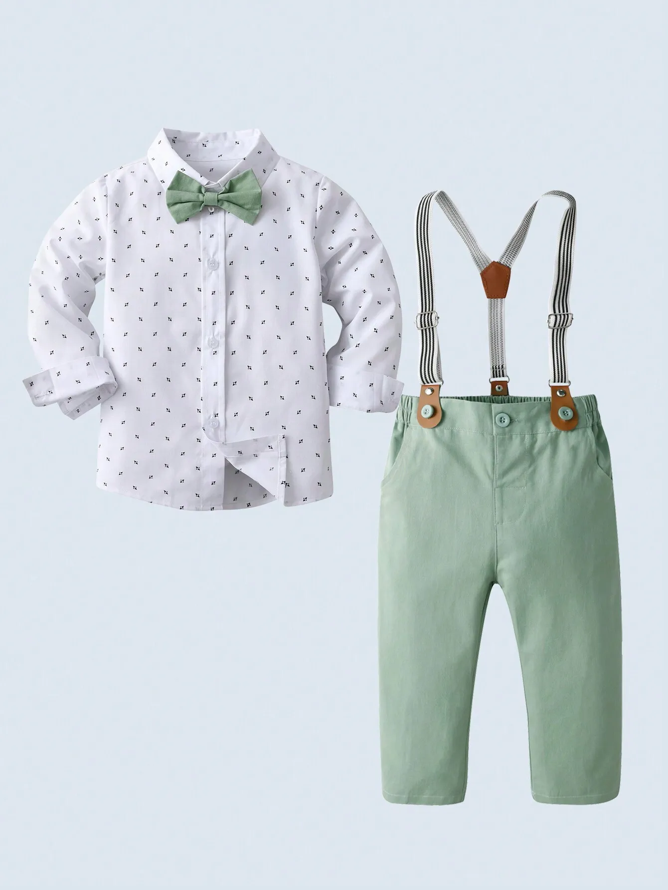 

2-Piece Gentleman Outfit for Toddler Boys: Printed Long Sleeve Shirt with Bow Tie & Suspender Pants