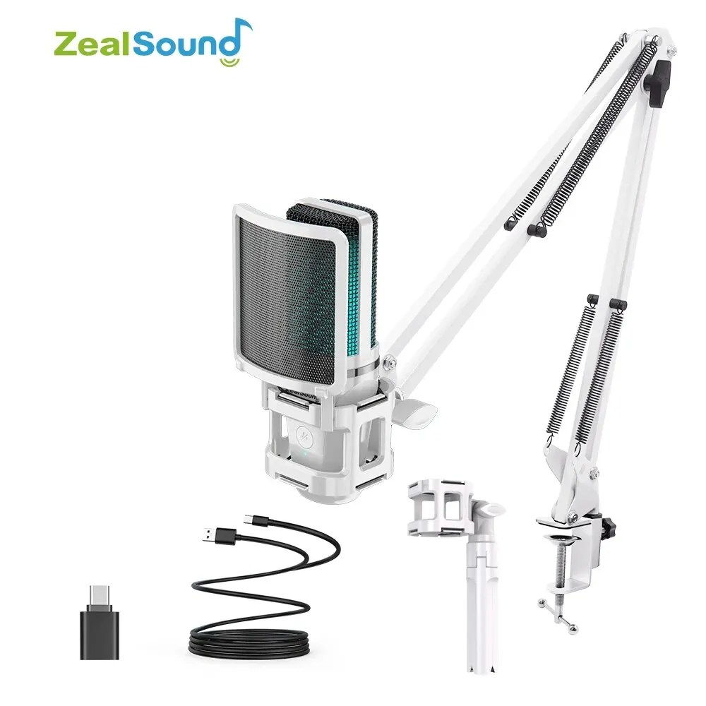 HAOMUREN Zealsound RGB-USB-Gaming-Mikrofon mit Gelenkarm, weißes Computer-Kondensatormikrofon für PC, Mac, Aufnahme, Podcasting, Streaming 3