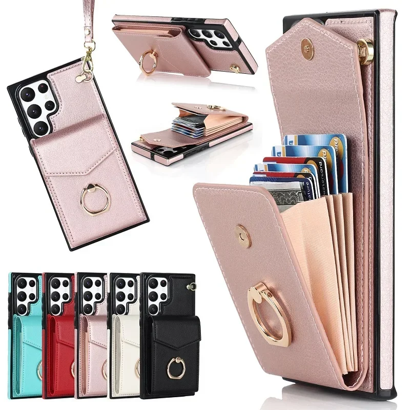 Wrist Strap Vertical Wallet Case Flip Phone Cover For Samsung Galaxy S23 FE S22 S21+ A50 A33 A32 A13 A12 A42 Magnetic Phone Bag