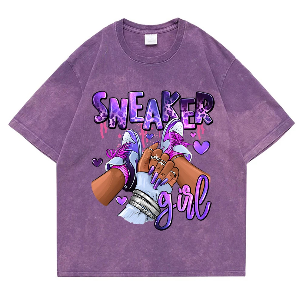 Purple Sneaker Girl Washed Retro Snow Tshirt Men Fashion Cotton Tee Clothes Casual Breathable T-Shirt Street Soft Short Sleeve