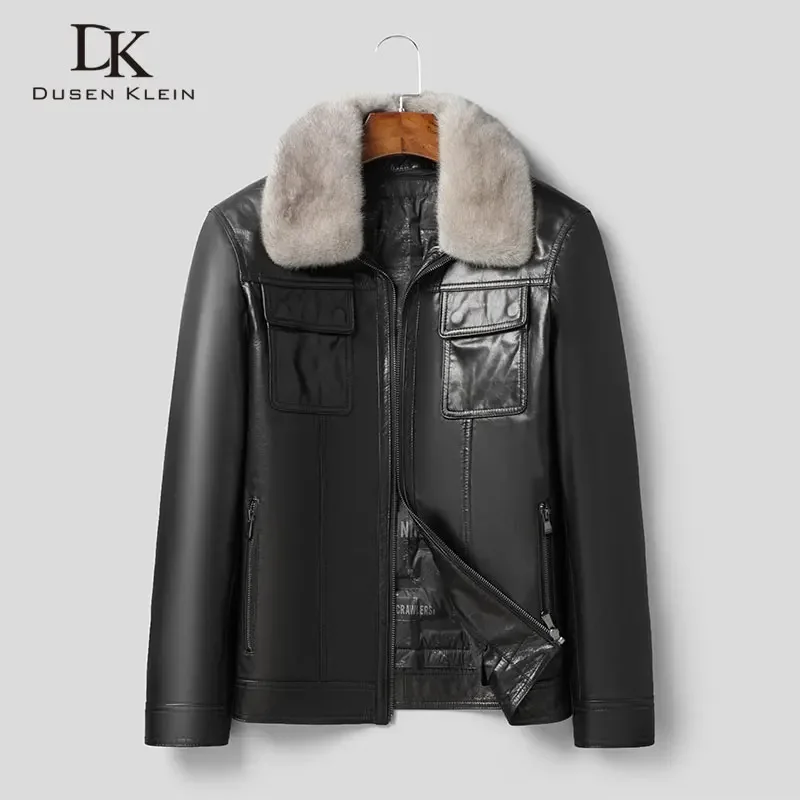 

Men Genuine Leather Down Coat Jacket Real Sheepskin Casual Black Pockets Mink Fur Collar New for Man q801