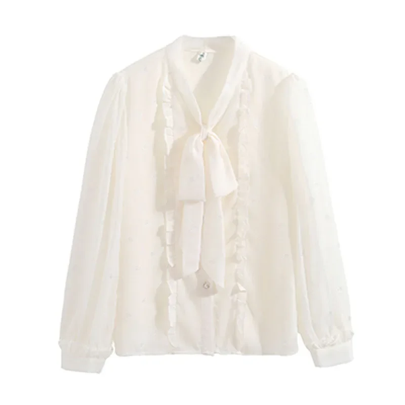 เสื้อเชิ้ตผู้หญิงแขนยาวคอปกโบว์ผ้าชีฟองระบาย เสื้อผู้หญิง เสื้อเบลาส์ เสื้อเชิ้ต บลูซาส สำหรับผู้หญิง 2025 Q629