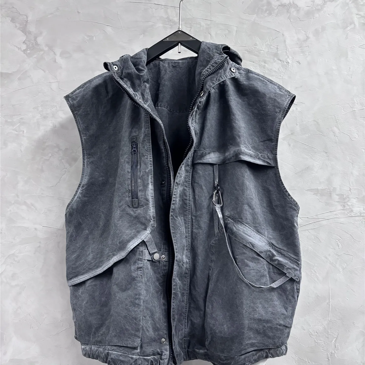 post-apocalyptic Distressed Washed Asymmetric Draping Vest coat, Trendy Hooded Personalized Sleeveless jacket, Casual top.