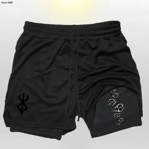 New Men Fitness Training Tights Shorts Berserk Guts Print Summer 2in1 Mesh Quick Dry Beach Casual Jogging Running Fitness Sports