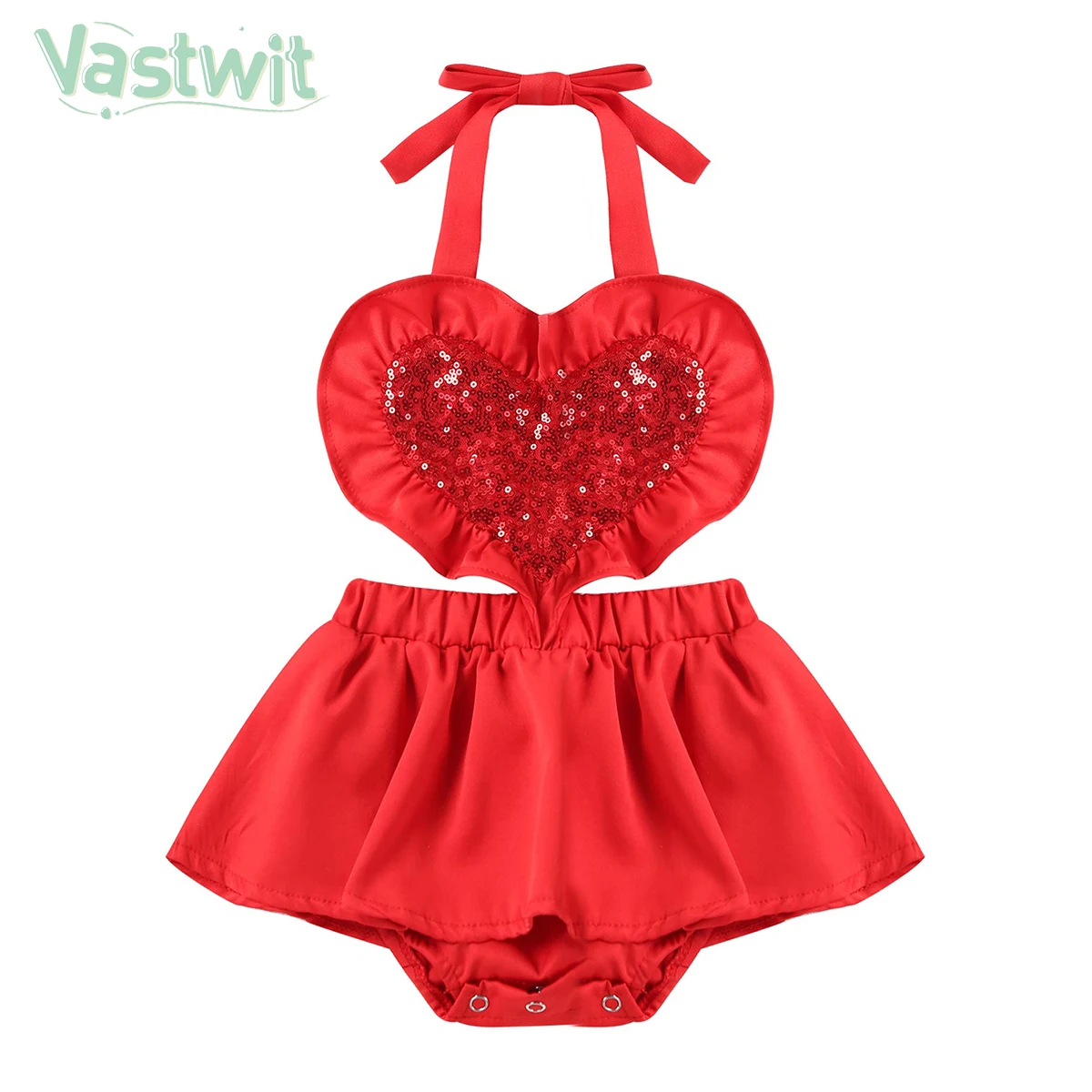 

0-24M Valentine's Days Bodysuit Baby Girls Romper Dress Halter Neck Sleeveless Sequins Heart Printed Backless Tutu Jumpsuits