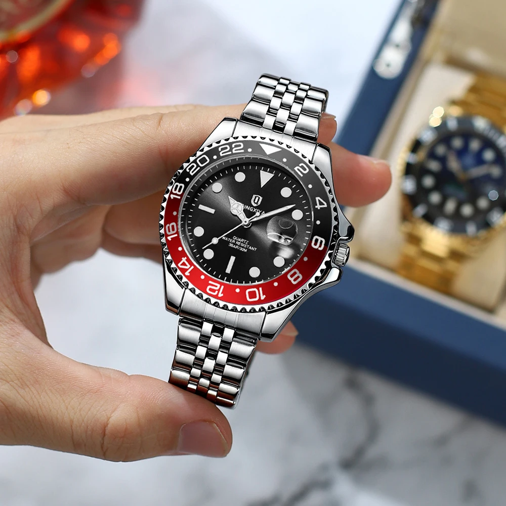 QINGXIYA Brand New Fashion Date Quartz Watch Men Stainless Steel Waterproof Luminous Bezel Rotation Luxury Men Watches Relogio