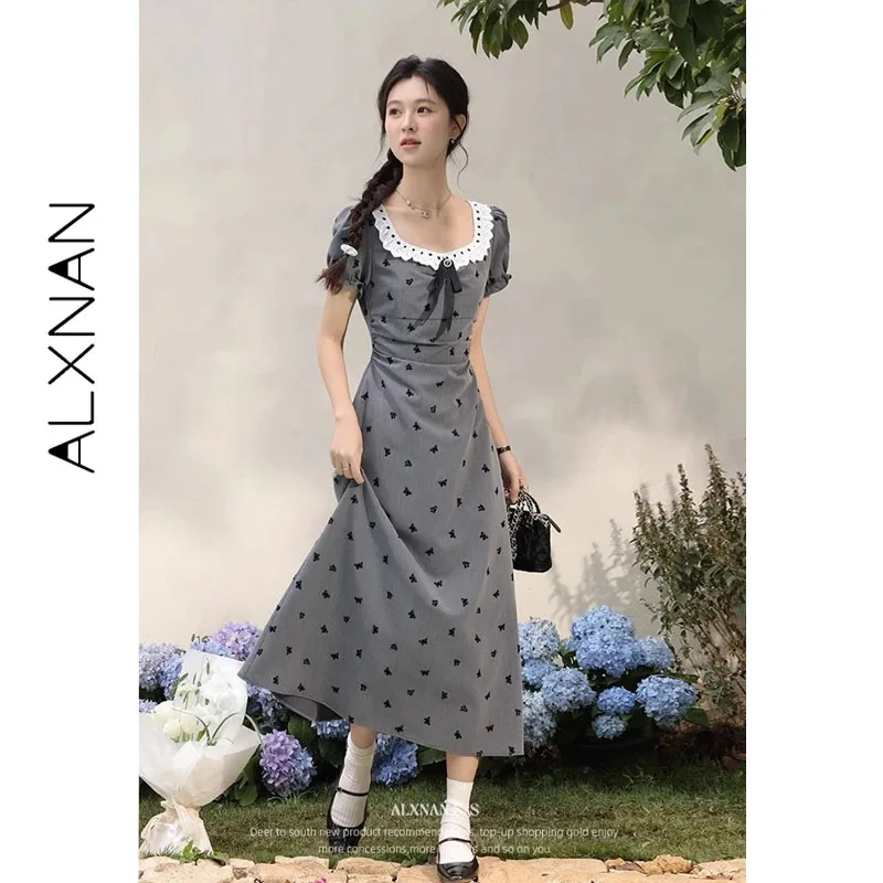 ALXNAN Women's Grey Polka‑dot Dress 2026 Summer Square Neck Lace Collar Dress Butterfly Design Puff Sleeves Clothing L53829