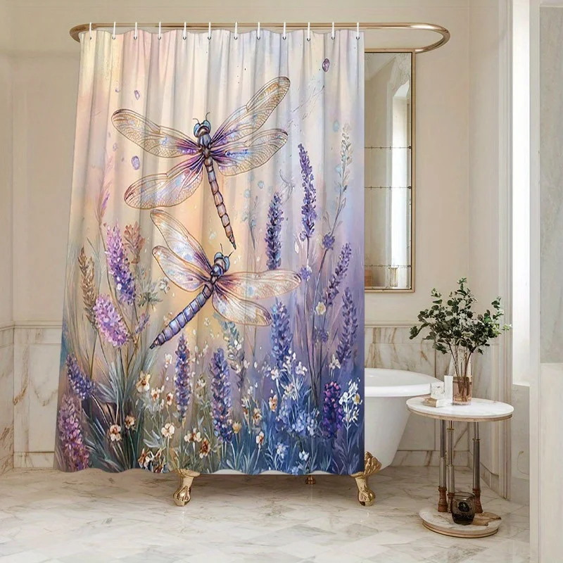 

soft pastel dragonfly and lavender shower curtain ethereal bathroom decor with 12 hooks for tub partition Simple Installation