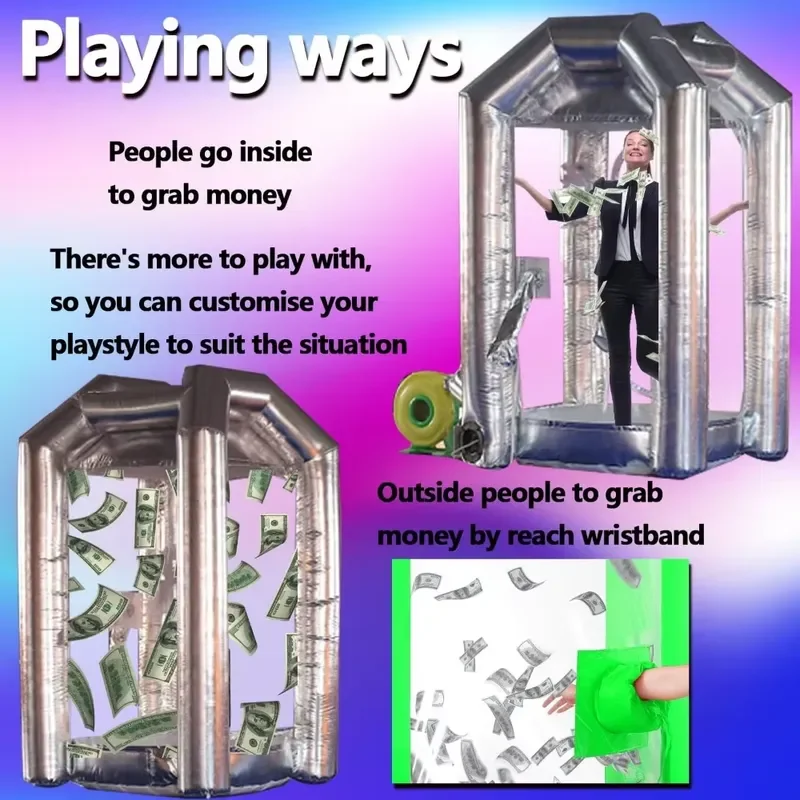 2026Silver Inflatable Cash Cube Booth with Blowers for Adults Money Grab Game Events Inflatable Money Machine Booth Blow Up Cash