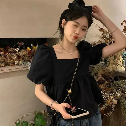 여성용 프렌치 스퀘어 칼라 퍼프 소매 티셔츠, 시크한 심플 크롭 탑, 올매치 솔리드 여성 블라우스, 여름 신상 패션
