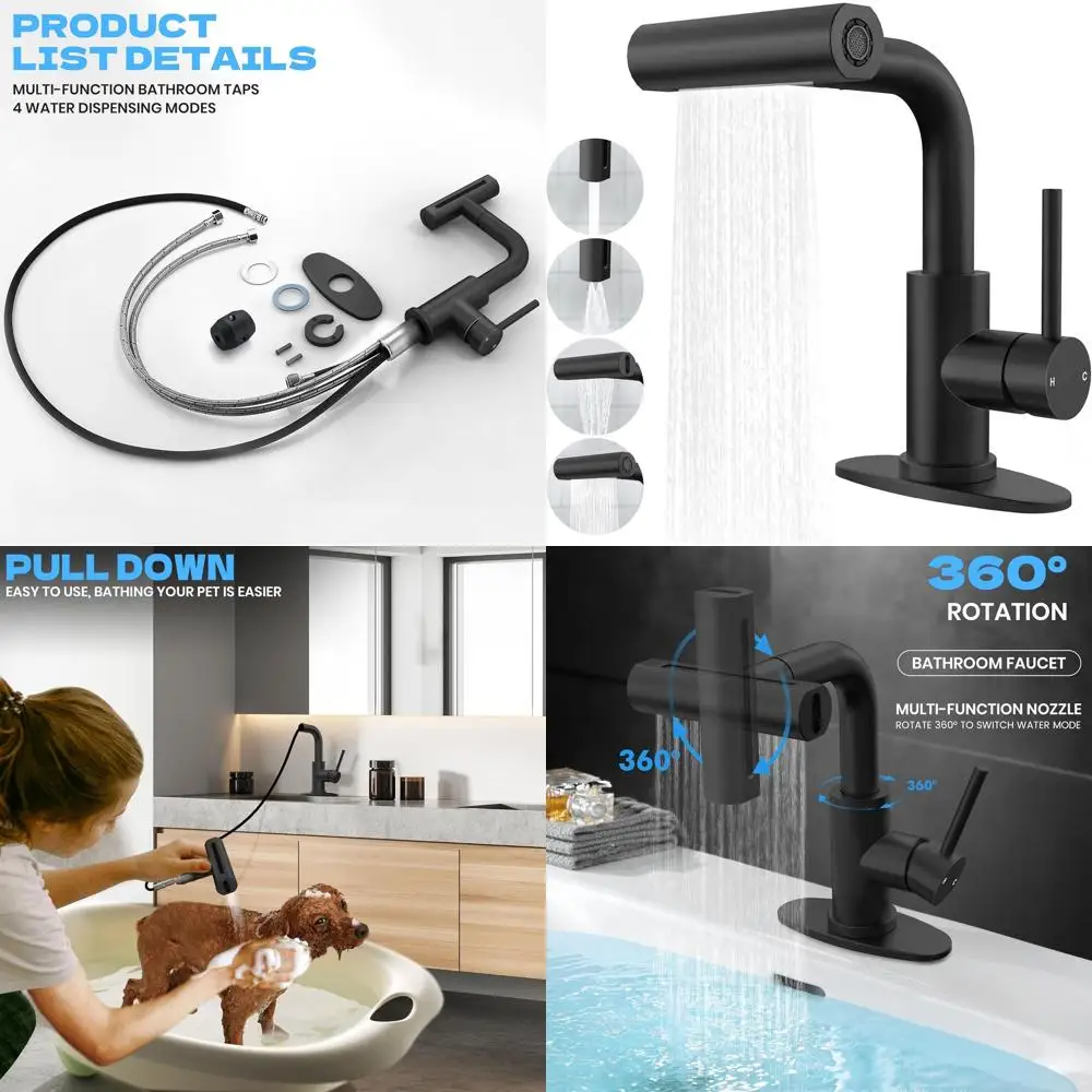 

Single Handle Matte Black Bathroom Sink Faucet with 4-Mode Pull-Down Spray and Waterfall Spout