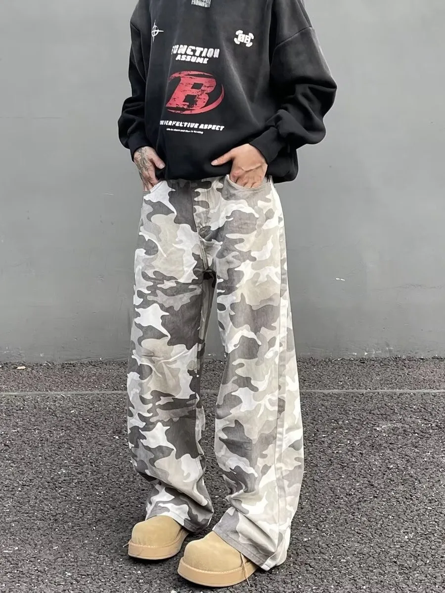 

Мужские джинсы свободного прямого кроя с камуфляжным принтом, на молнии, с высокой талией, для весны и осени, повседневные, винтажные, для активного отдыха