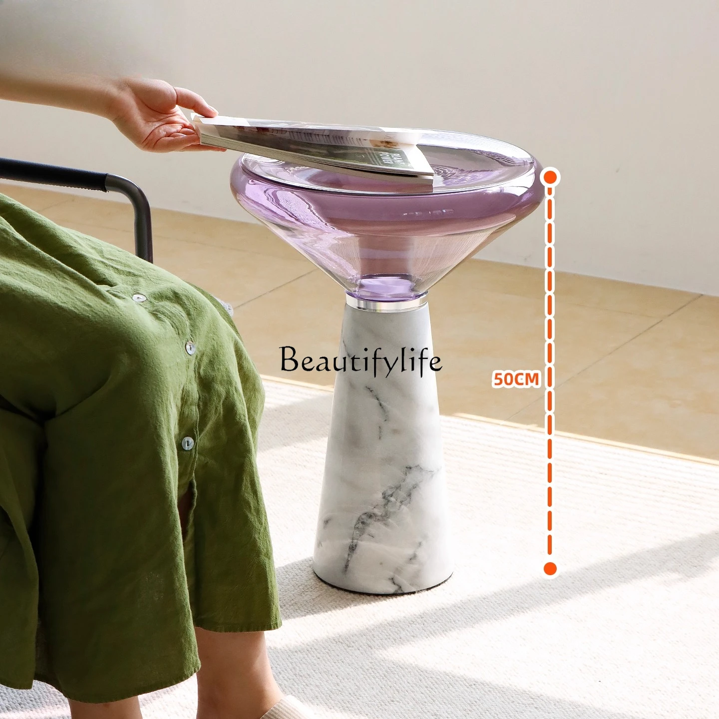 طاولة حافة أريكة رخامية بسيطة وحديثة، طاولة قهوة صغيرة زجاجية قابلة للإزالة