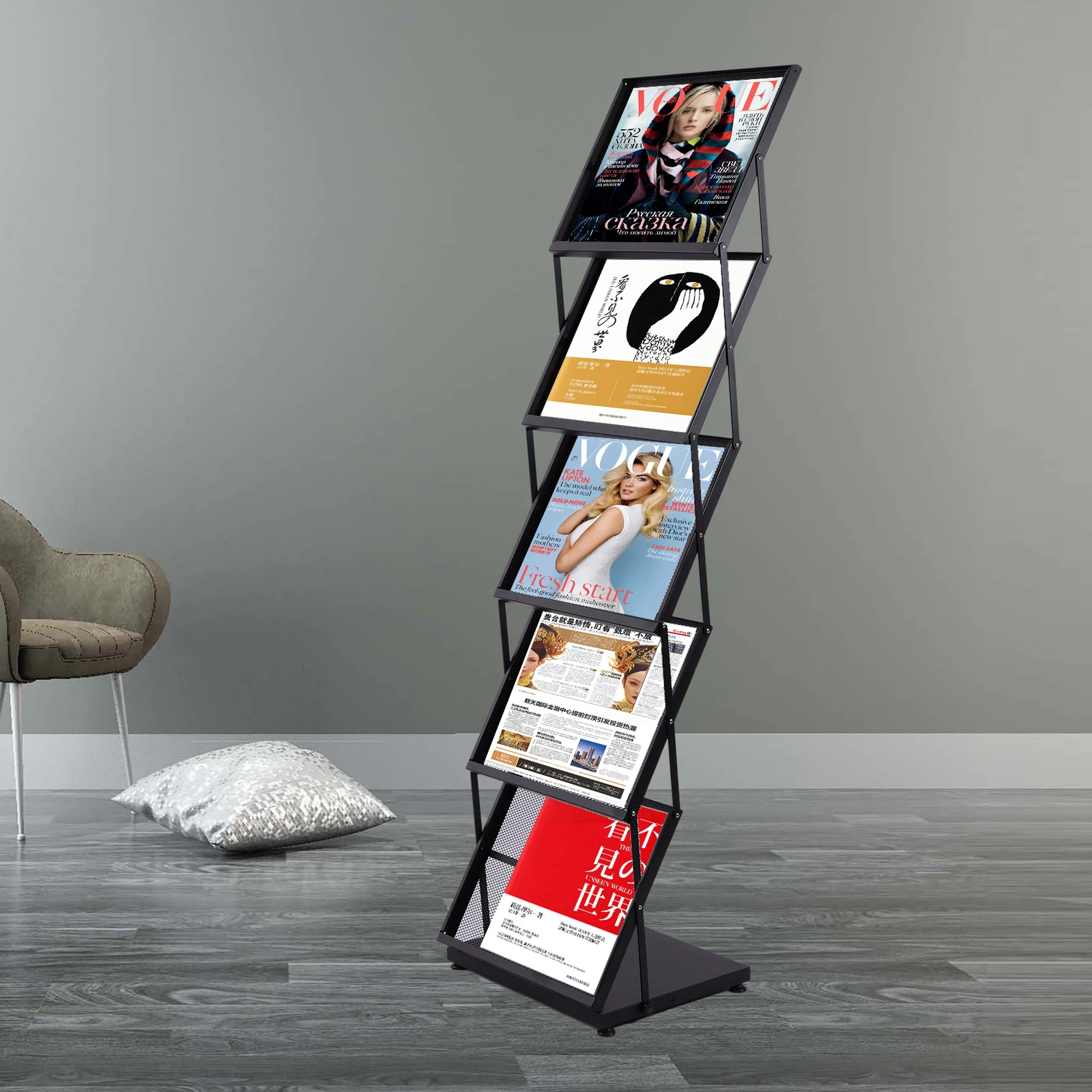 

5-layer Modern Black Magazine Display Rack Folding Modern Office Rack Freestanding Catalog Stand New