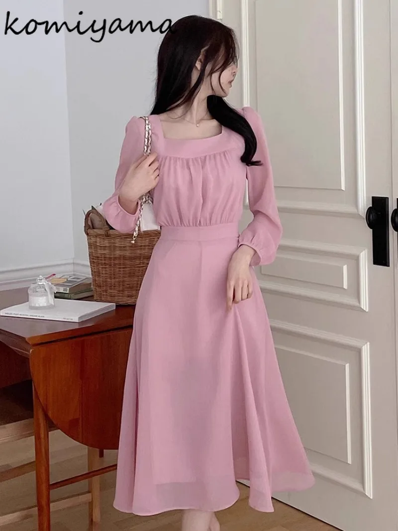 Lace-up Tunicvestidos Mujer Sqaure Collar Women Dresses Long Sleeve Dress Sweet Temperament Vestido 2025 Korean Chic Robes