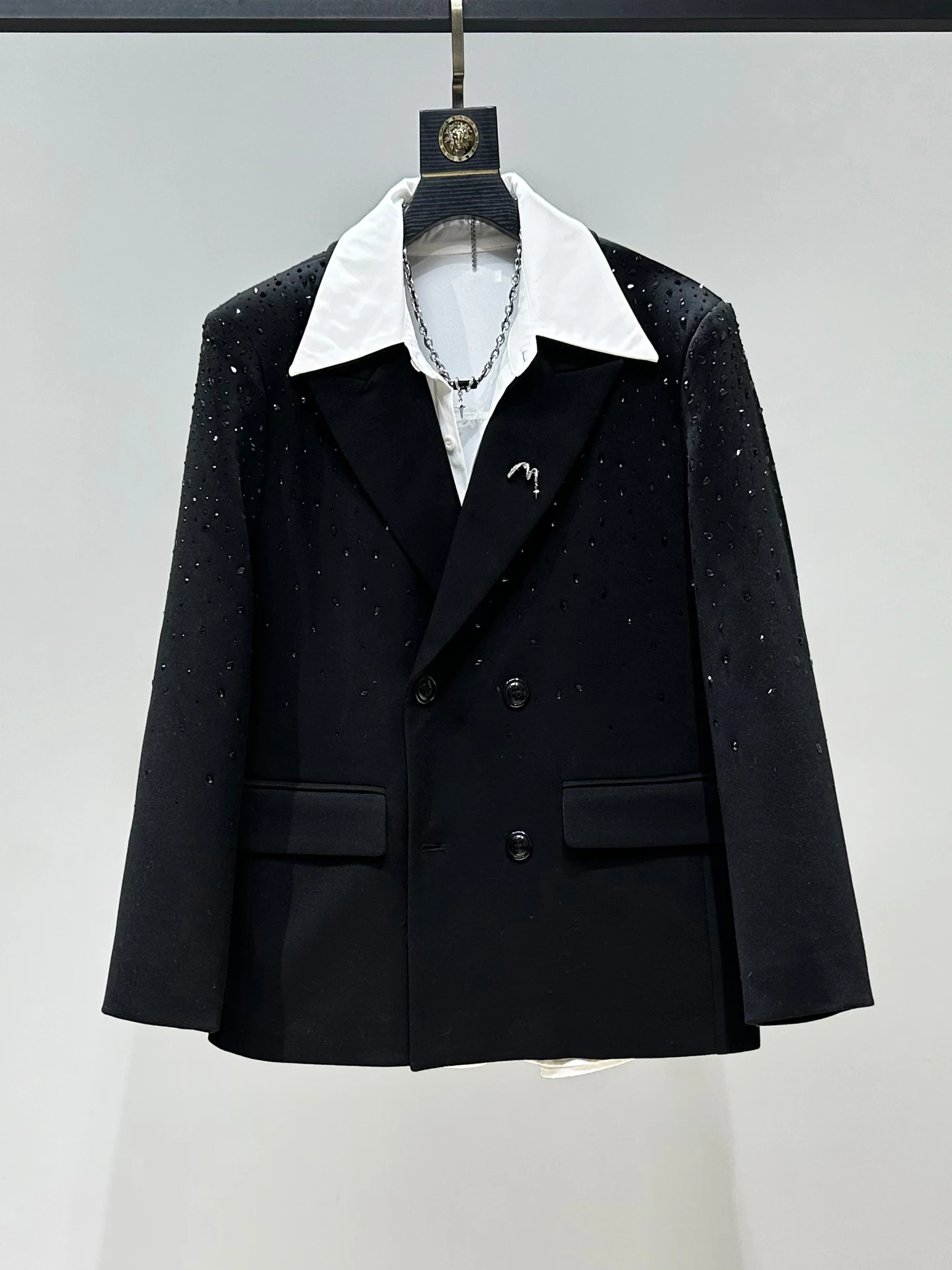 

Original Home Autumn Winter Glitter Bla Double Button Men's Loose Fit Korean Sle Suit Jaet Casual Long Sve Faion