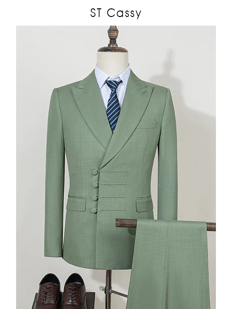 

ST Cassy green Elegant man suit for wedding Slim Fit Double Breasted Multiple buttons Business man 2 piece outfit set
