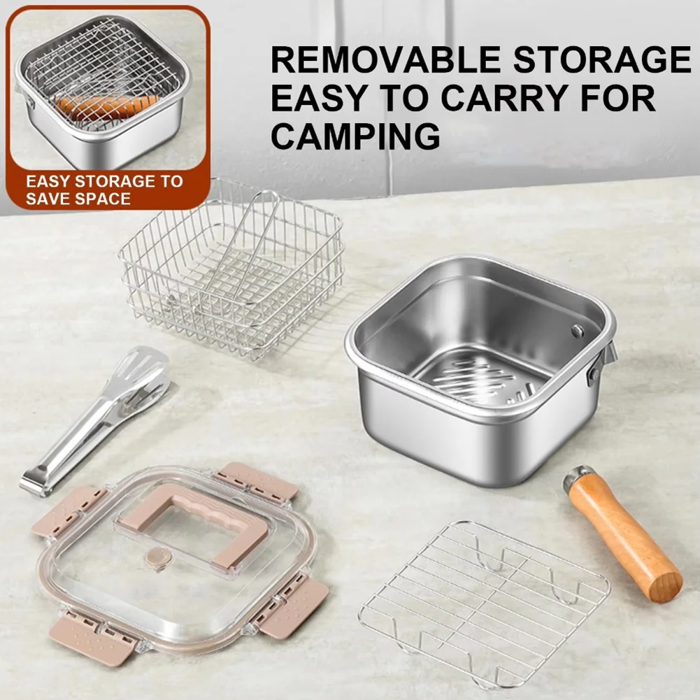 Stainless Steel Frying Pan Oil Saving Square Deep Fryer Pot With Basket Handle Versatile Deep Fryer With Lid For Kitchen