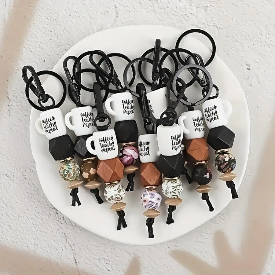 1/5/10/20/50/100pcs A Unique "Coffee Teach Repeat" Mug Keychain with Floral Geometric Beads, a Perfect Gift for Teachers. This S