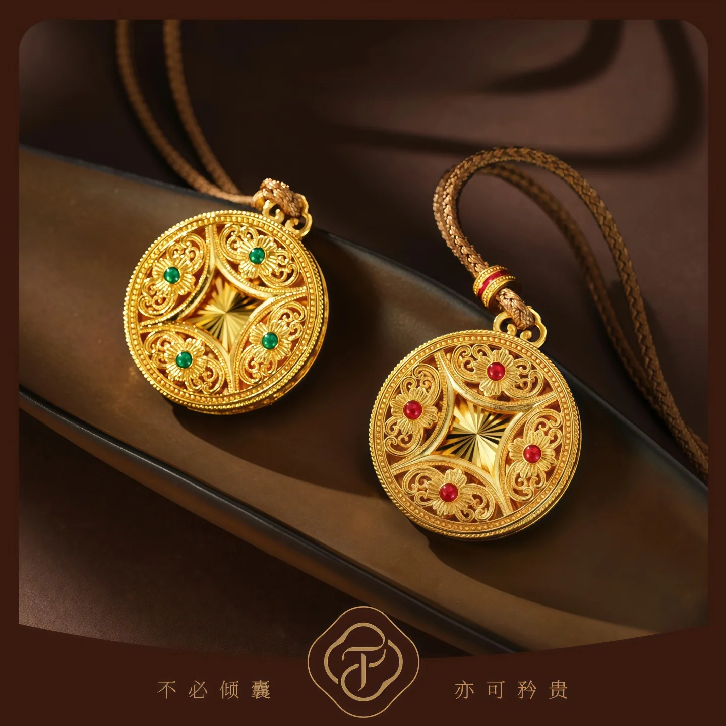 luxury real gold jewelry 24k certifid filigree coin eight treasures compass pendant two-color enamel necklace women's pendant