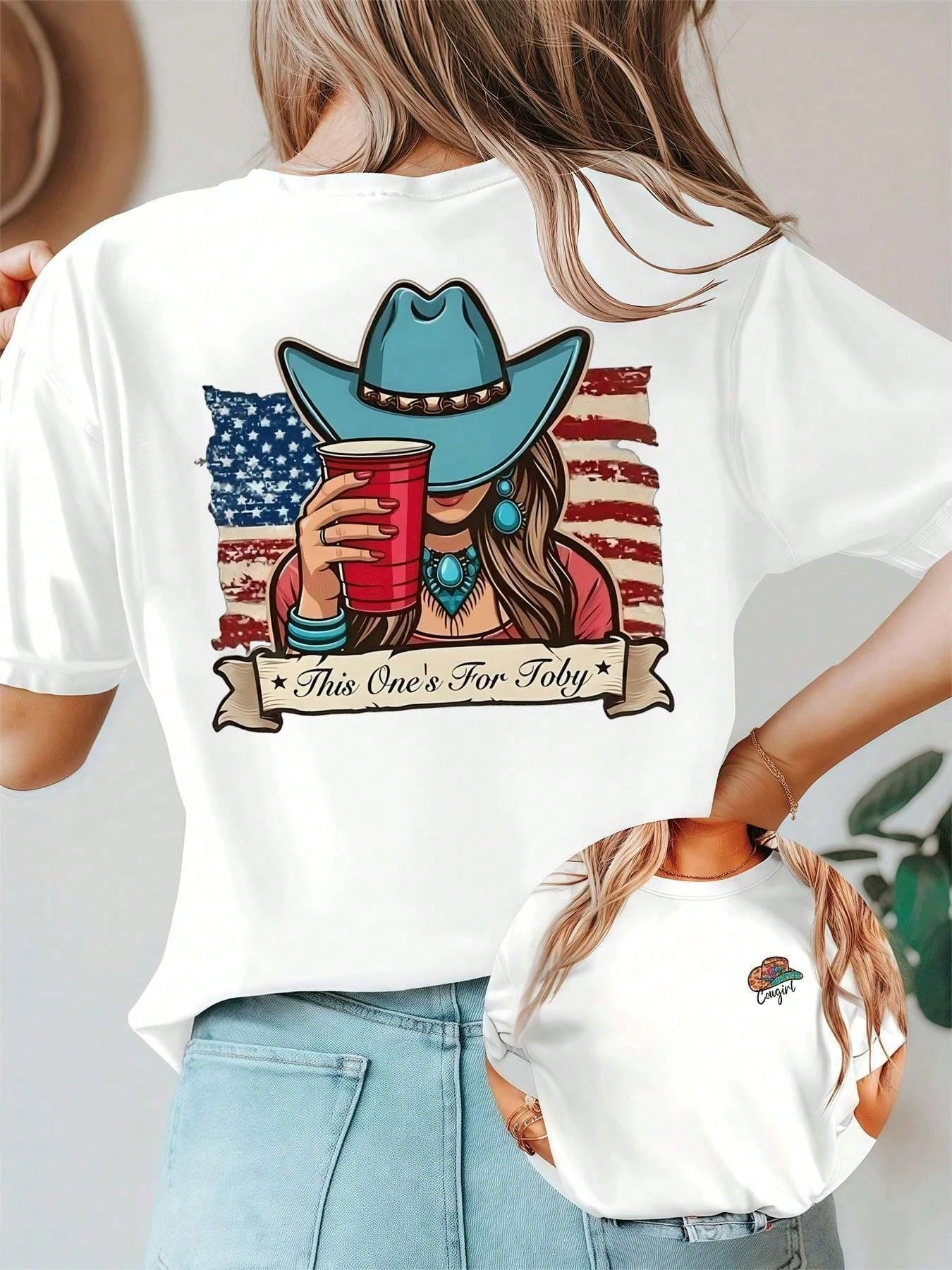 Camiseta con patrón de bandera de vaquera americana, ropa de verano de talla grande para mujer, estilo callejero Harajuku, pantalón corto informal versátil de manga