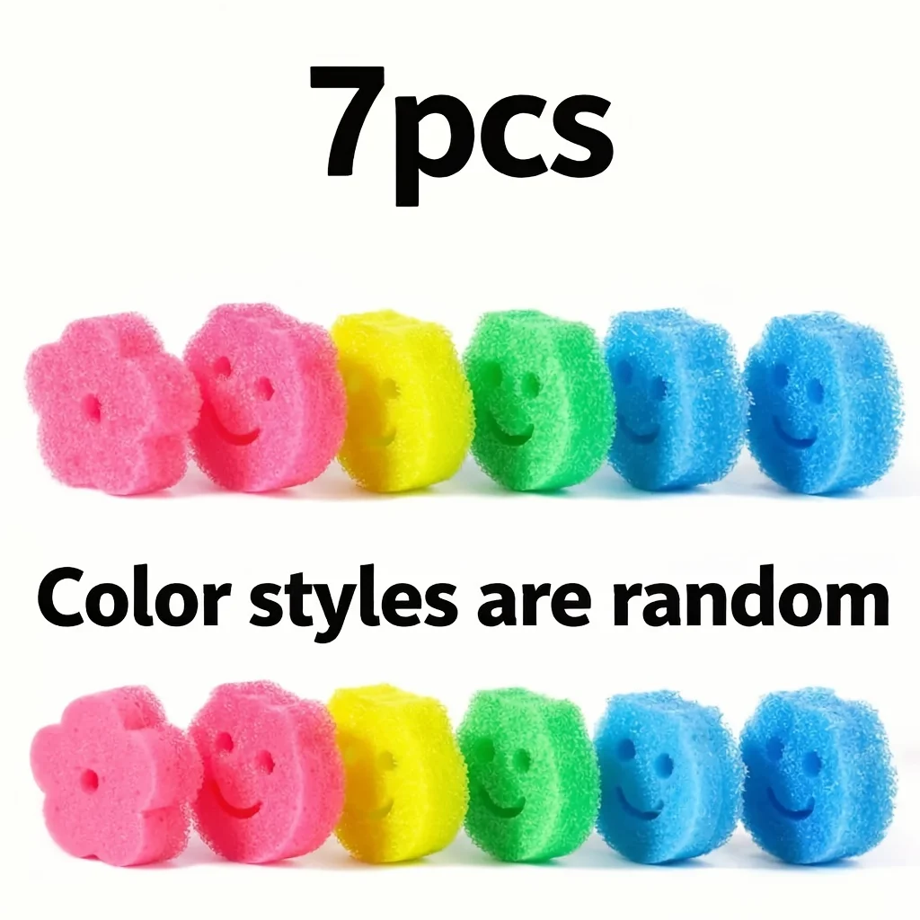 7pcs Smiley Face Temperature-Changing Cleaning Sponges，Colorful Kitchen Dishwashing Tools for Summer Grease Removal Cleaning