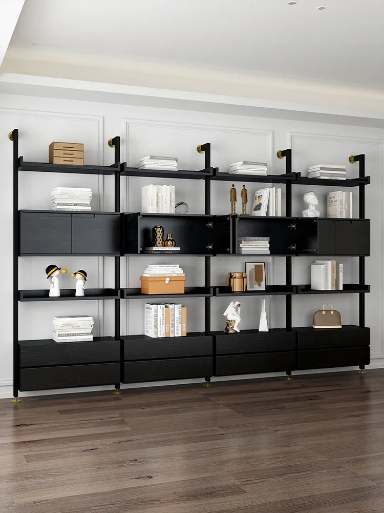 Solid wood bookcase, living room floor rack, wrought iron storage rack, storage rack against the wall, combined bookshelf