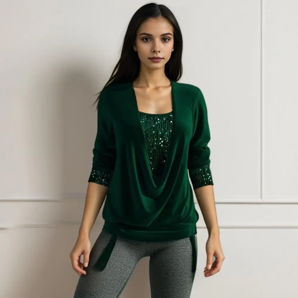 Tops elásticos para mujer, blusa elegante de terciopelo con cuello oscilante y detalles de lentejuelas, Top de manga larga con dobladillo con cordón para mujer